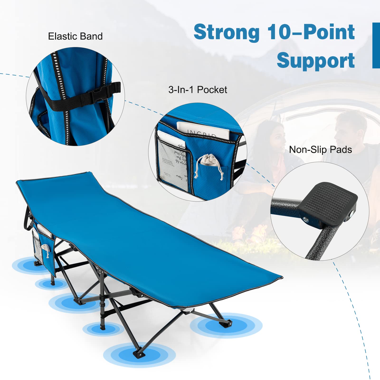 Gymax Camping Cot, 600 Lbs Heavy Duty Sleeping Cot W/Ergonomic Incline Design, 3-In-1 Pocket, Carry Bag, Folding Cot For Adults
