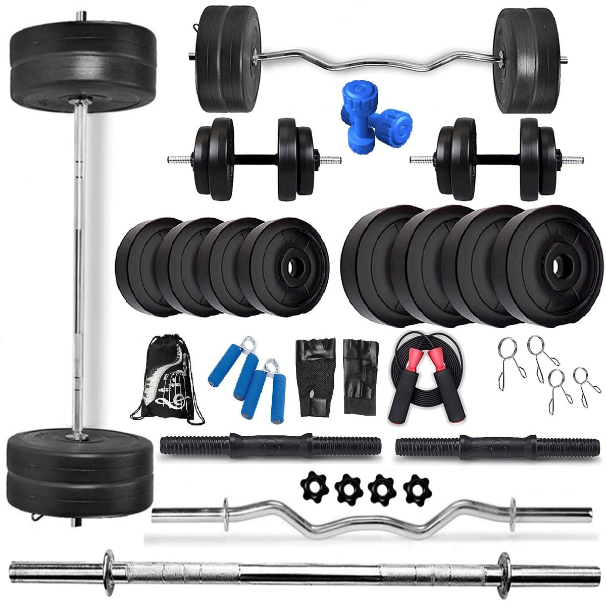 Bodyfit Home Gym Exercise Set With 2 Dumbbell Rod Of 14 In + 1 Rod Of 3 Ft Curl + 1 Rod Of 5 Ft Straight + Gloves Pair (50 Kg)