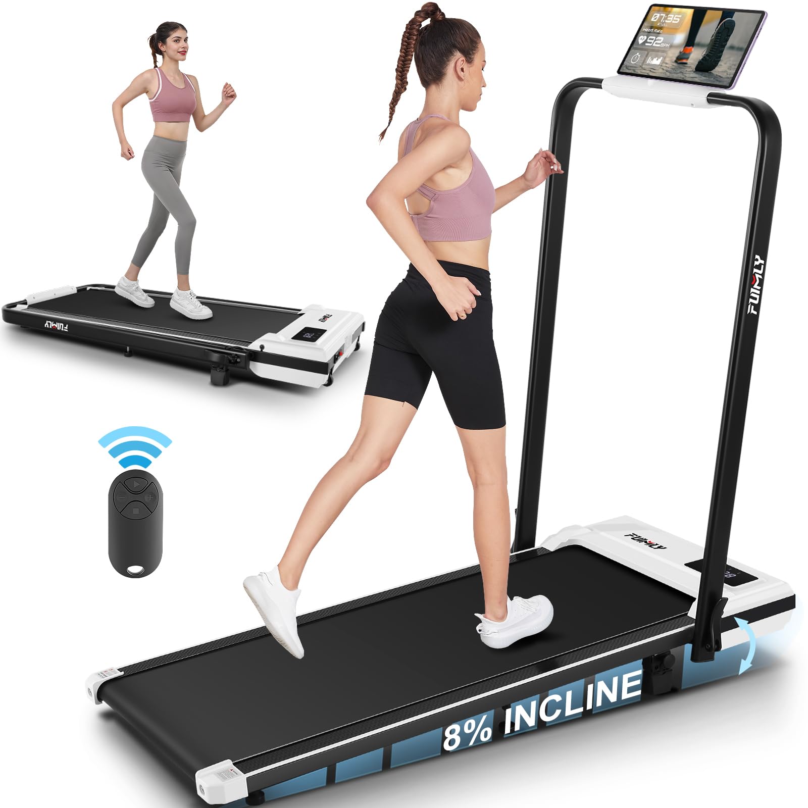 FUNMILY Incline Walking Pad Treadmill with Handle Bar,4 in 1 Under Desk Treadmills for Home,300lb Capacity,2.5HP Folding Compact