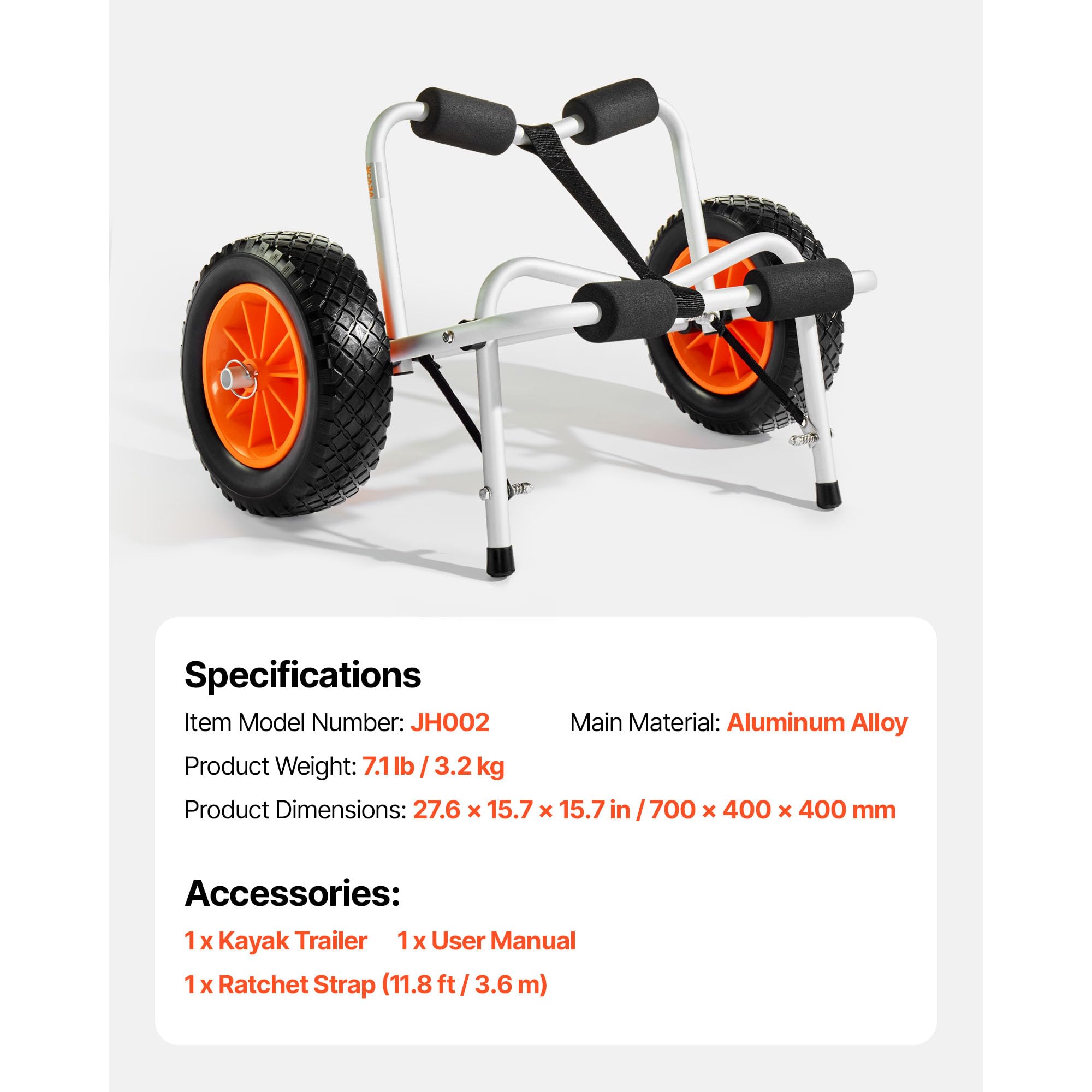 VEVOR Kayak Cart, 250 lbs Load Capacity, Foldable Kayak Trolley with 10-inch Solid Rubber Tires & 1 Ratchet Strap, Paddle Board