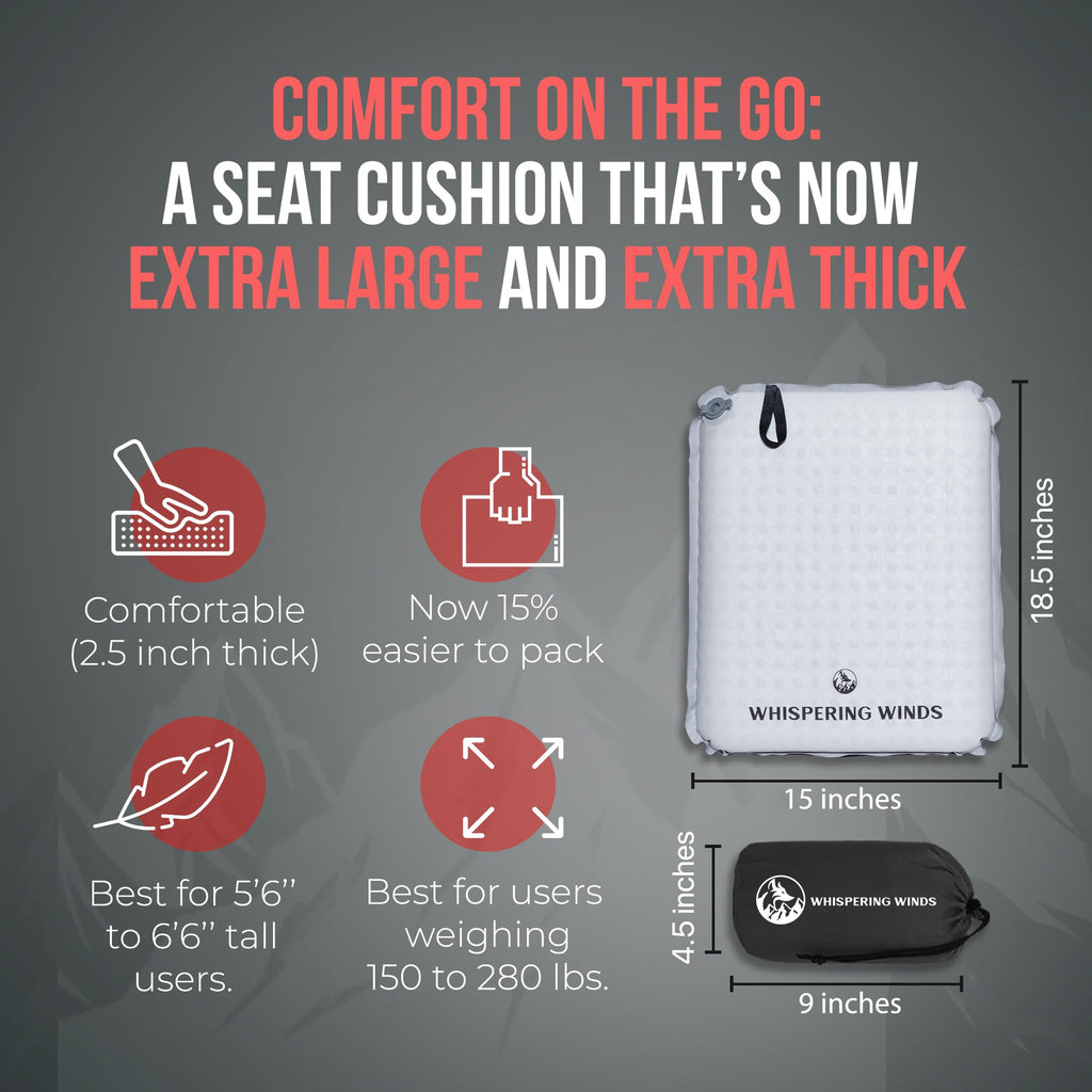 Whispering Winds Inflatable Seat Cushion - Comfortable Blow-Up Foam Pad For Airplane, Travel, Stadium, Camping & Car