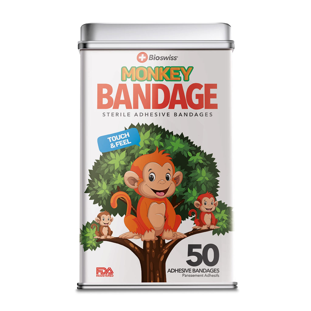 Bioswiss Monkey Shaped Bandages First Aid Latex Free Adhesive Bandage For Kids And Adults, 50 Pack