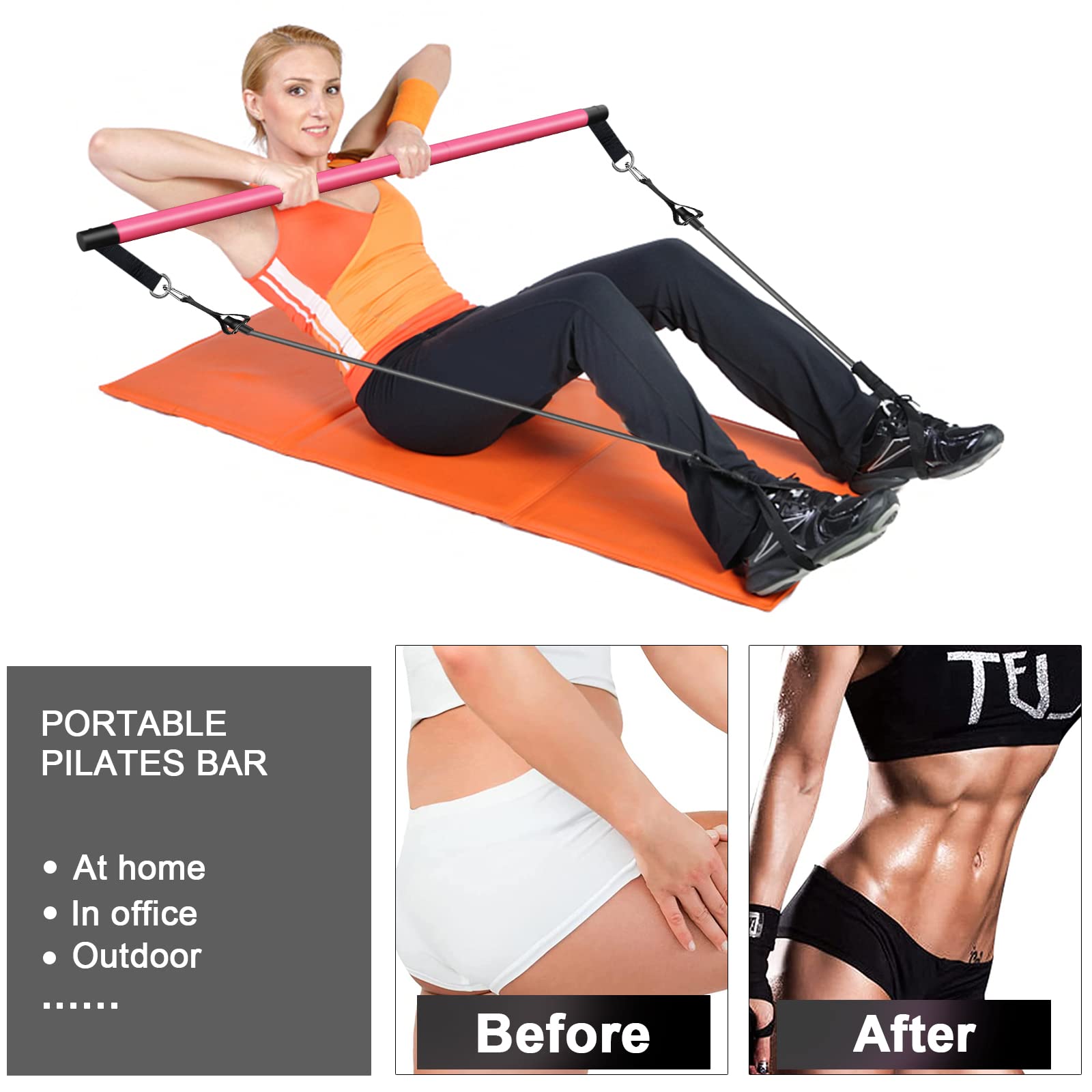 Bbtops Pilates Bar Kit With Resistance Bands(4 X Bands),3-Section Pilates Bar With Stackable Bands Workout Equipment For Legs,Hi