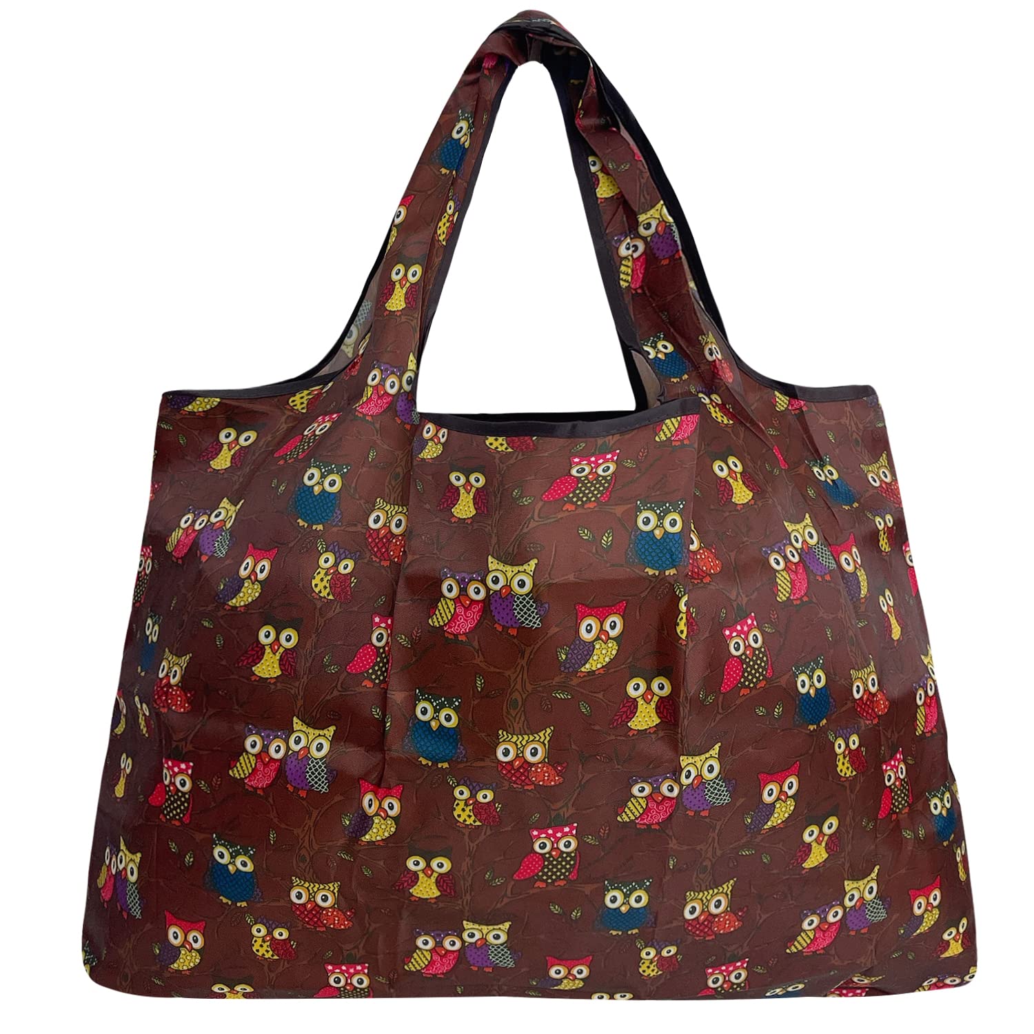 Allydrew Large Foldable Tote Nylon Reusable Grocery Bag, Owls Brown