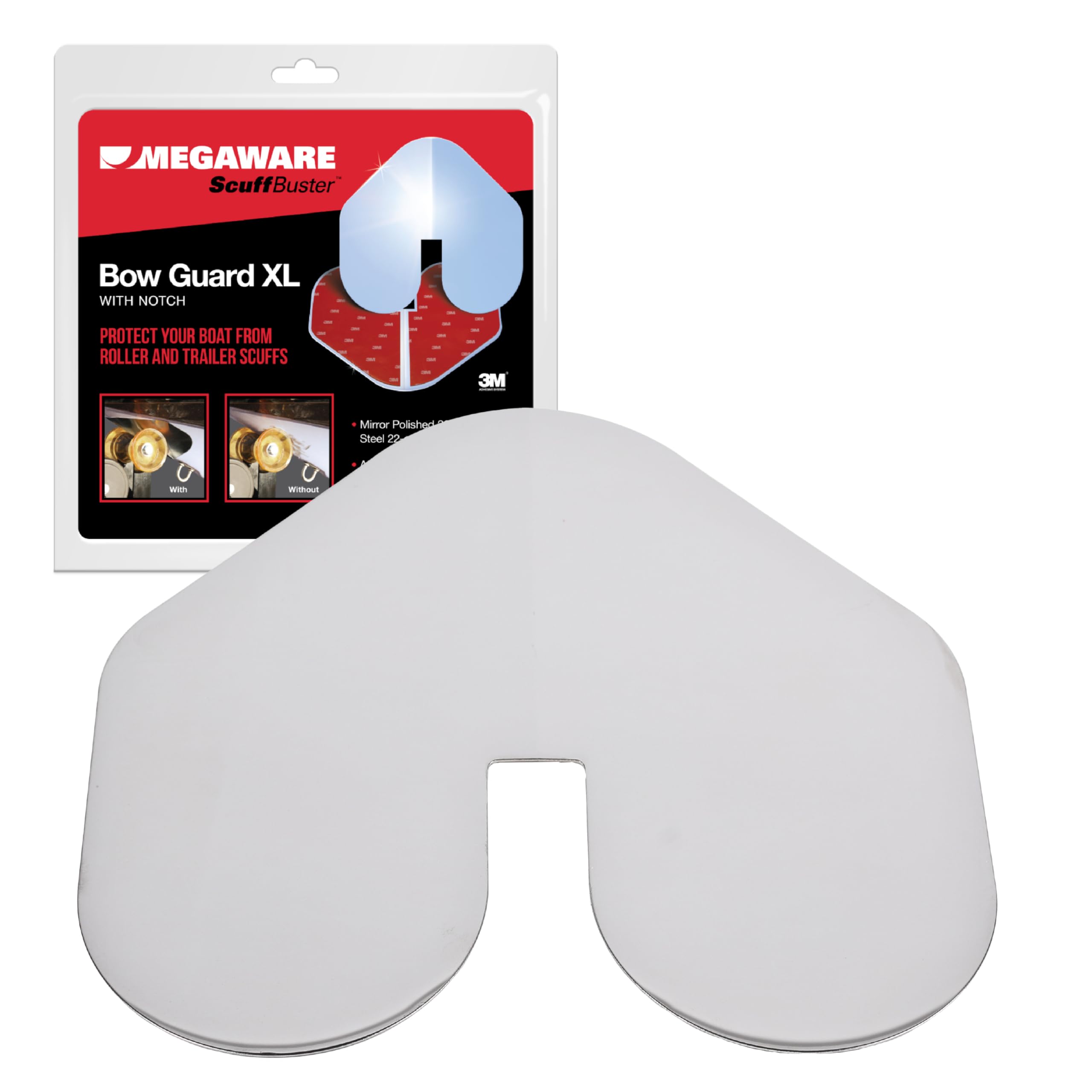 Megaware - Xl Scuffbuster Bow Guard With Notch For Boats - Protects From Scuffs And Scratches - Stainless Steel Shield With 3M A