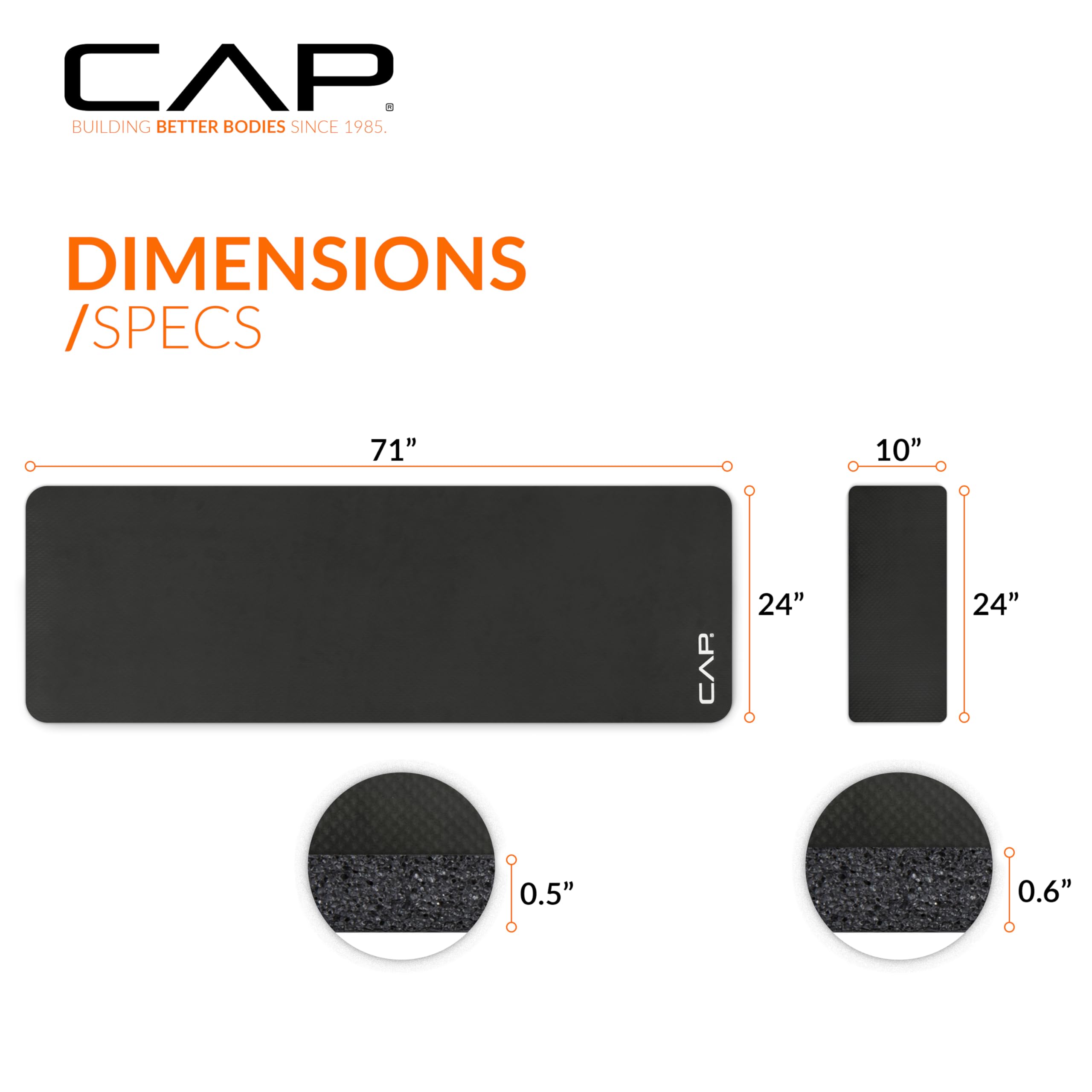 Cap High Density Exercise Yoga Mat With Strap And Knee Pad 71''X24''X1/2'' Black