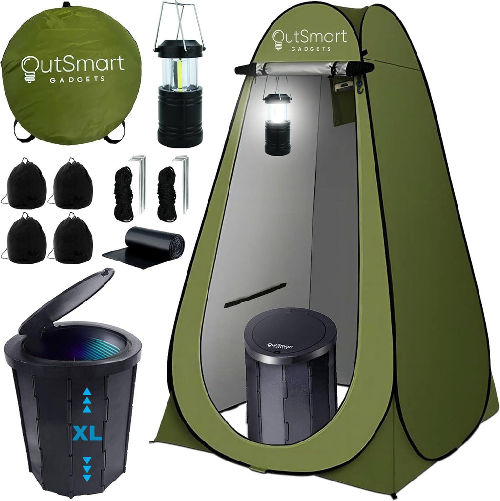 Outsmart Gadgets Portable Toilet Kit For Adults With Camping Night Lantern, Folding Xl Toilet Seat, Pop Up Privacy Tent And Carr