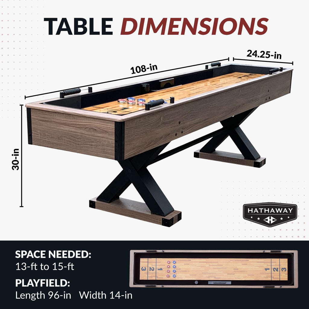 Hathaway Excalibur 9-Ft Shuffleboard Table For Great For Family Recreation Game Rooms, Designed With A Rustic Driftwood Finish W