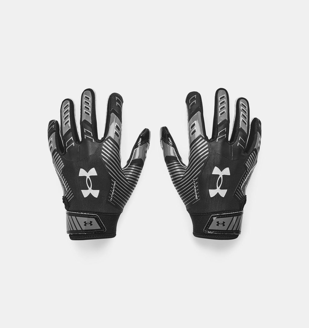 Under Armour Boys' Pee Wee F9 Football Gloves, (001) Black/Castlerock/Metallic Silver, One Size Fits Most