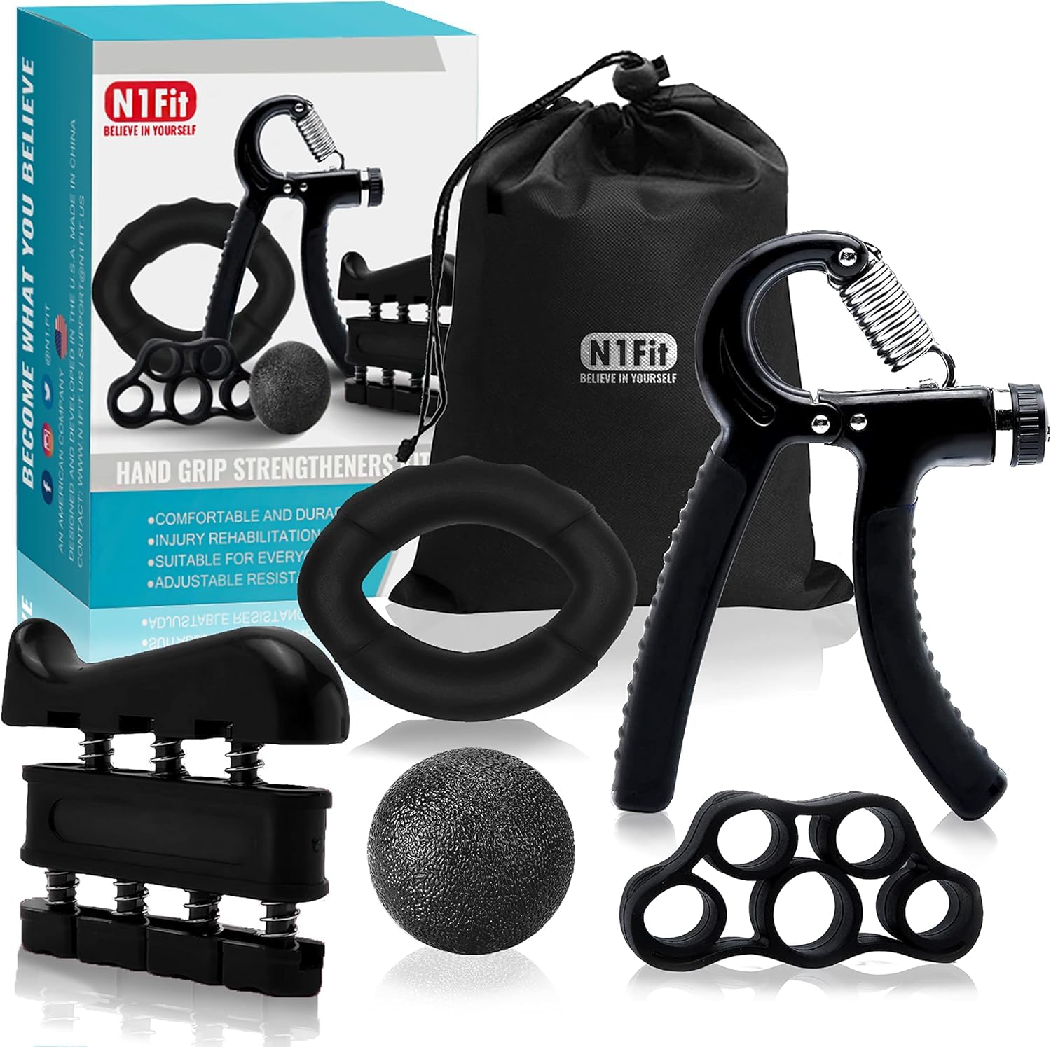 N1Fit Grip Strength Trainer Kit - 5 Pack Forearm Wrist Finger Grip Strengthener - Adjustable Resistance Hand Gripper Exerciser S