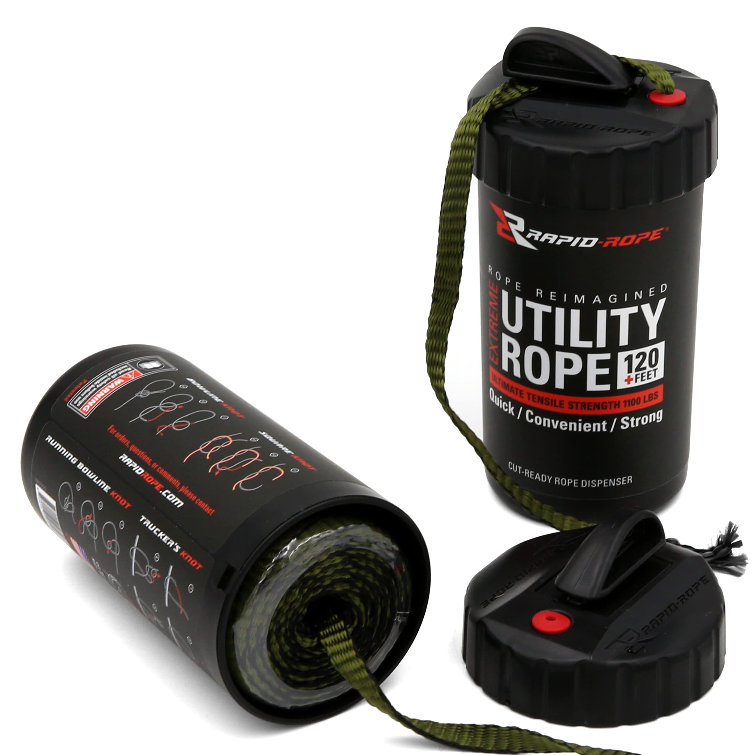 Rapid Rope Canister 120Ft Green Flat Tactical Paracord, Made In Usa, 1100Lb Tested Heavy Duty Poly Rope Test Cord, Non-Tangle Di