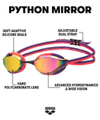 ARENA Unisex Python Mirror Racing Swim Goggles for Men and Women Anti-Fog Coated Lens Small Fit Max Comfort Dual Strap, Copper/P