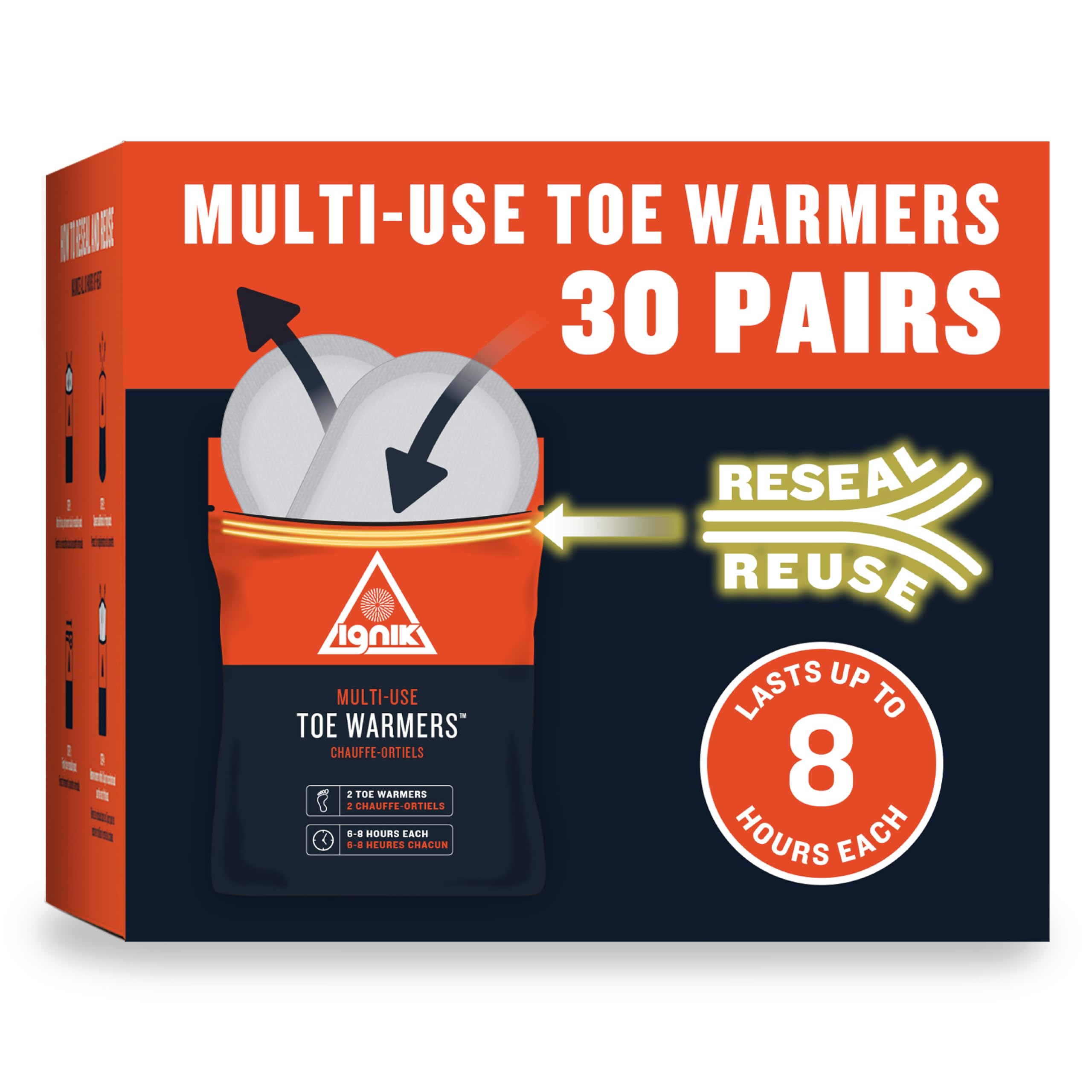 Ignik 8-Hour Compostable Toe Warmers With Resealable Airbarrier Pouch, 30 Pairs