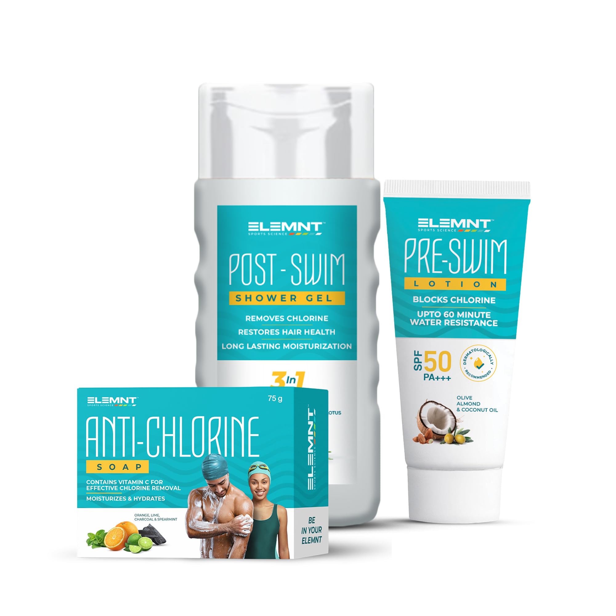 Elemnt Swim Skincare Combo - Pre Swim Body Lotion (50Ml) + Post Swim Shower Gel (200Ml) & Anti-Chlorine Soap (75G) For Adults & 
