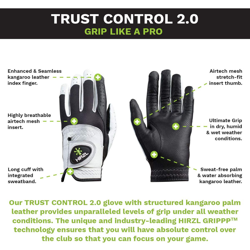 Hirzl Trust Control 2.0 Golf Gloves, All Weather Mens Golf Glove, White/Black, Kangaroo Leather Palm, Cabretta Leather Backhand,