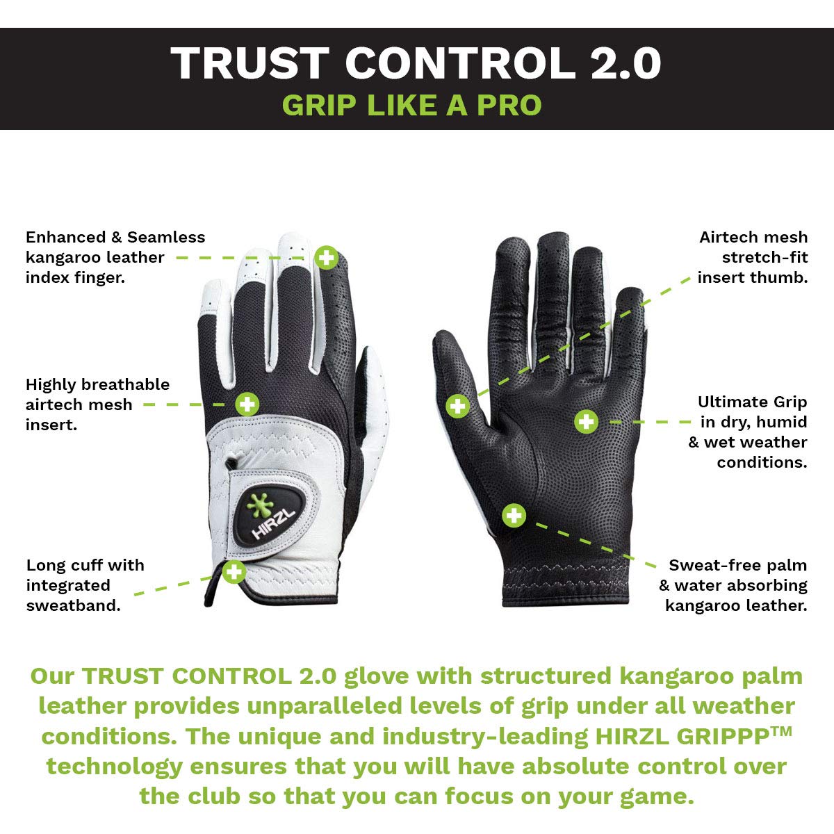 Hirzl Trust Control 2.0 Golf Gloves, All Weather Mens Golf Glove, White/Black, Kangaroo Leather Palm, Cabretta Leather Backhand,