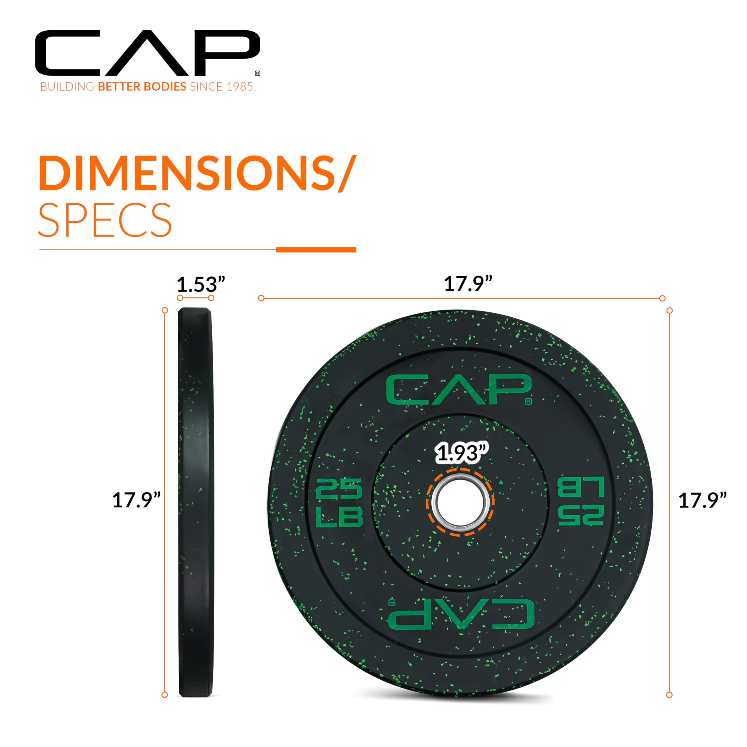 Cap Barbell Economy - Speckled Olympic Bumper Plate Set With Green Logo, Black, 25 Lb Pair