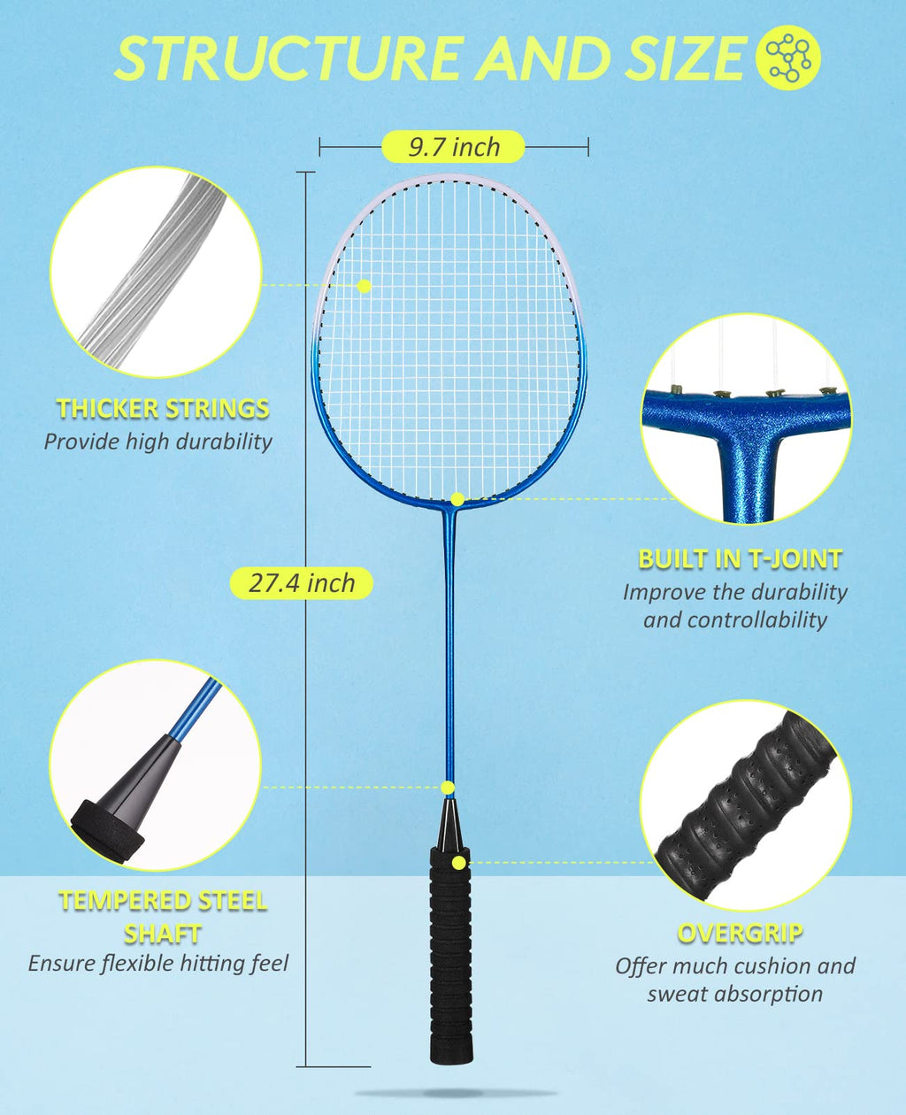 Hiraliy Badminton Rackets Set Of 4 For Outdoor Backyard Games, Including 4 Rackets, 12 Nylon Shuttlecocks, 4 Replacement Grip Ta