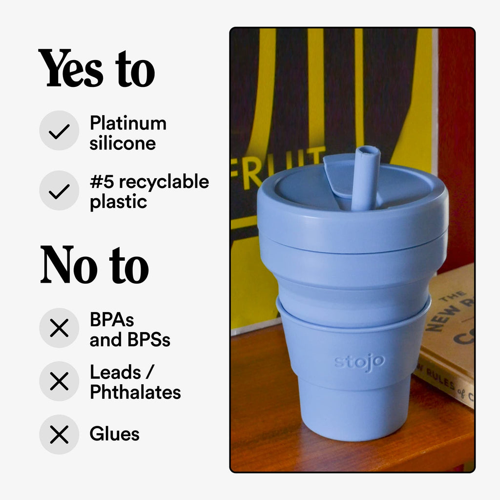 Stojo Collapsible Travel Cup With Straw - Steel Blue, 16Oz / 470Ml - Reusable To-Go Pocket Size Silicone Bottle For Hot And Cold