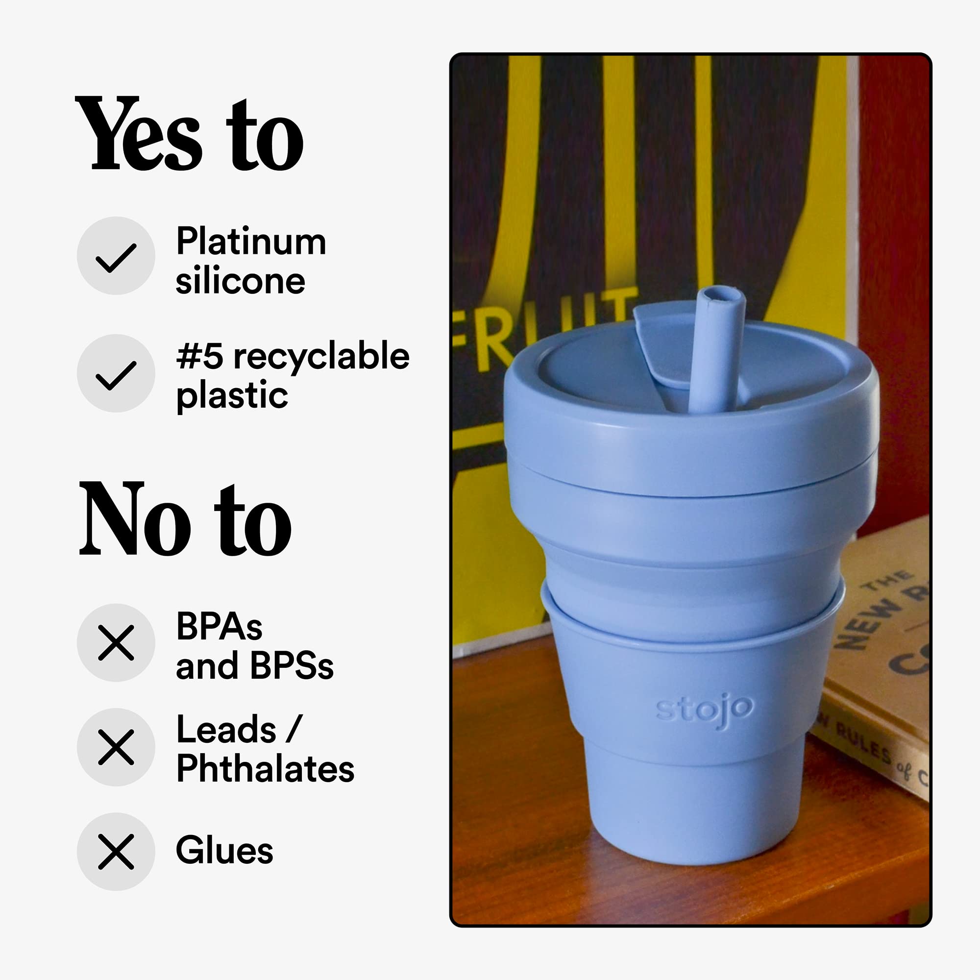 Stojo Collapsible Travel Cup With Straw - Steel Blue, 16Oz / 470Ml - Reusable To-Go Pocket Size Silicone Bottle For Hot And Cold