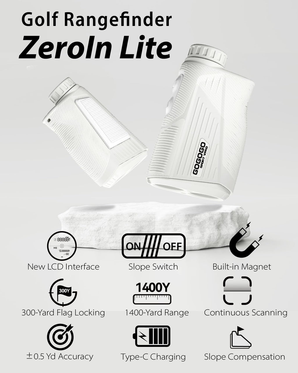 Gogogo Sport Vpro Zeroin Lite Rechargeable Golf Rangefinder With Slope And Magnet 1400 Yards White Range Finder For Disc Golf