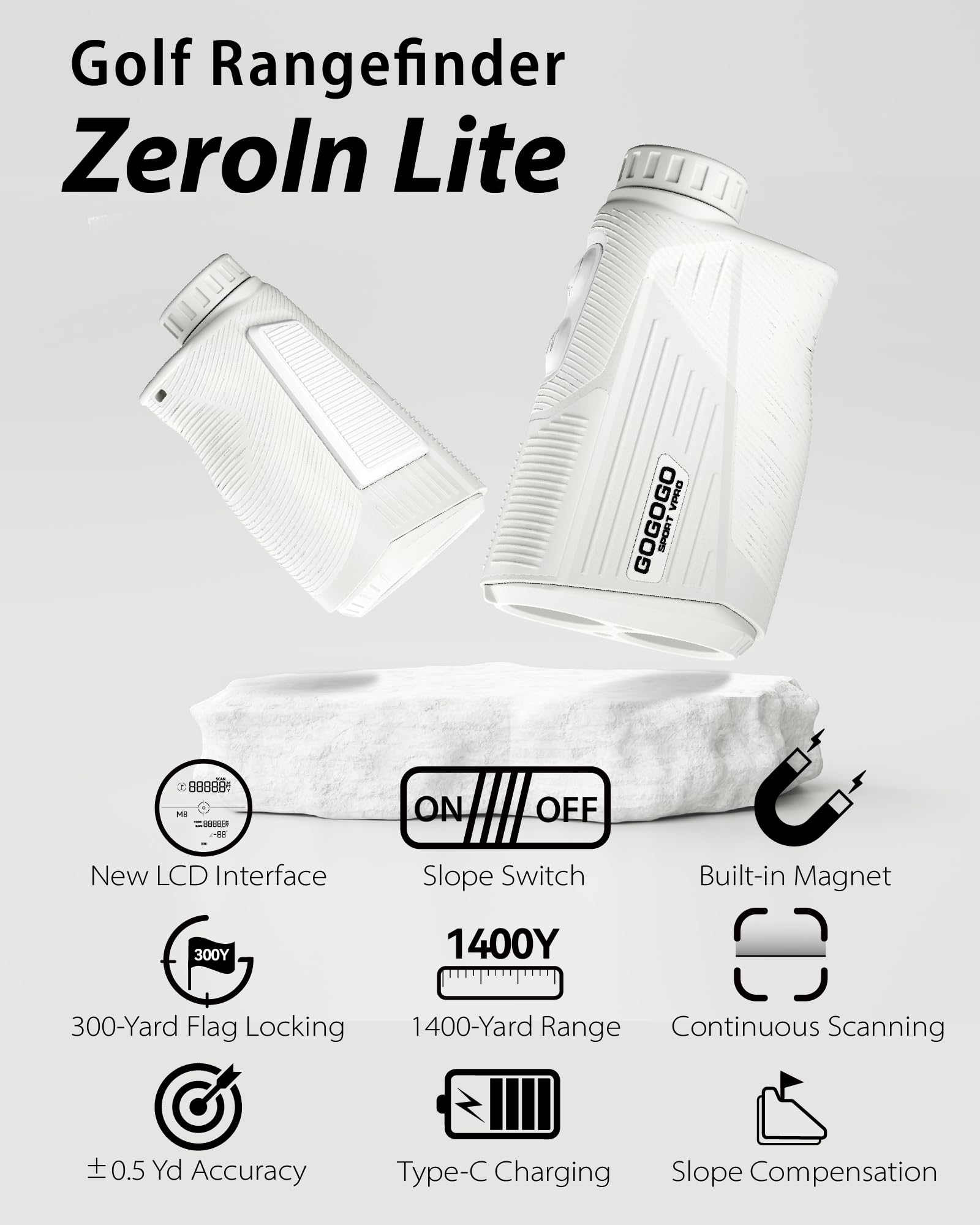 Gogogo Sport Vpro Zeroin Lite Rechargeable Golf Rangefinder With Slope And Magnet 1400 Yards White Range Finder For Disc Golf