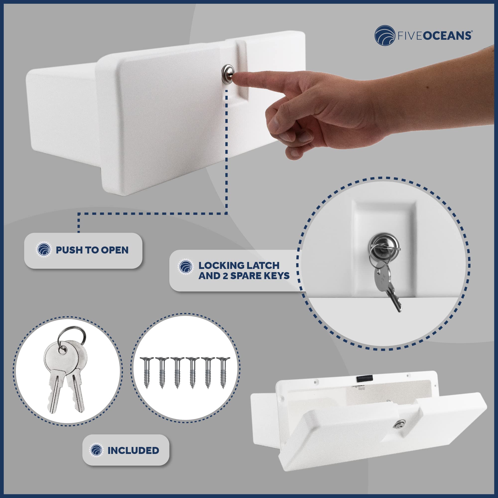 Five Oceans Boat Glove Box, Lockable With 2 Keys, High-Impact And Uv-Resistant White Abs Palstic - Fo2894