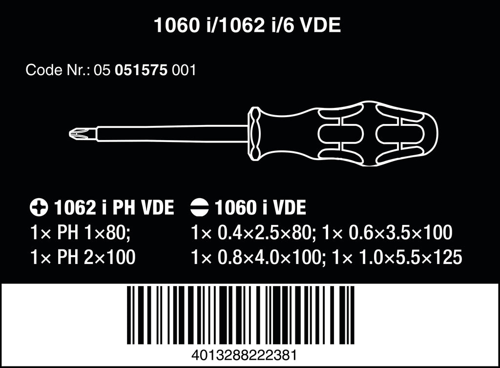 Wera 1060 I/1062 I/6 Kraftform Vde Screwdrvr Set 6 Pieces