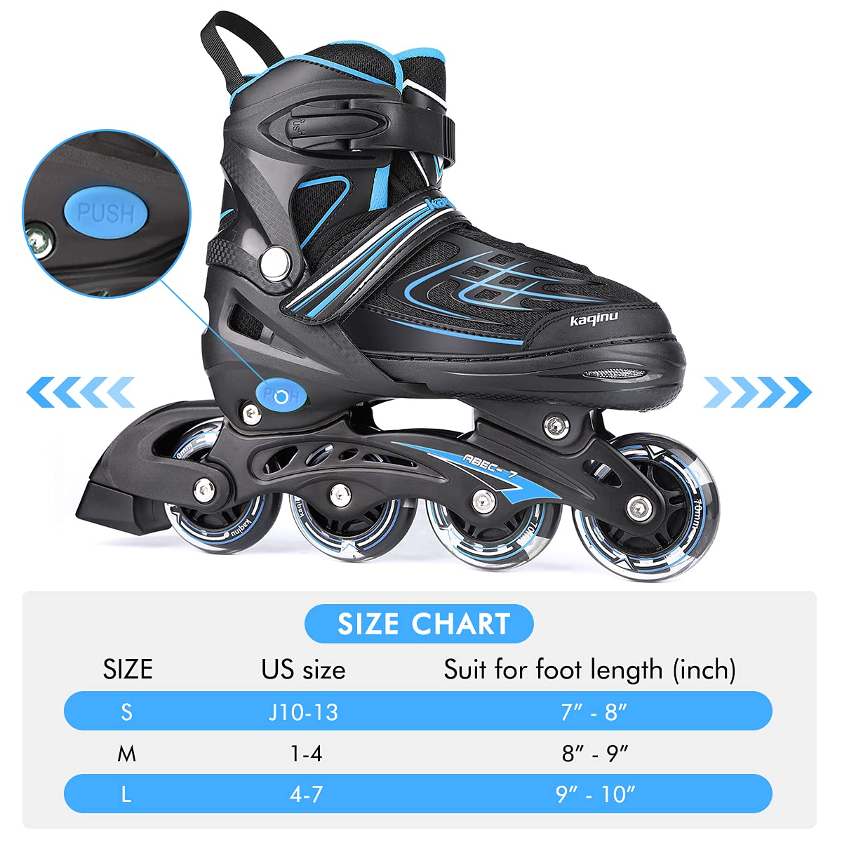 Kaqinu Adjustable Inline Skates, Outdoor Inline Skates With Full Illuminating Wheels For Women, Kids, Girls And Boys (Blue, L)