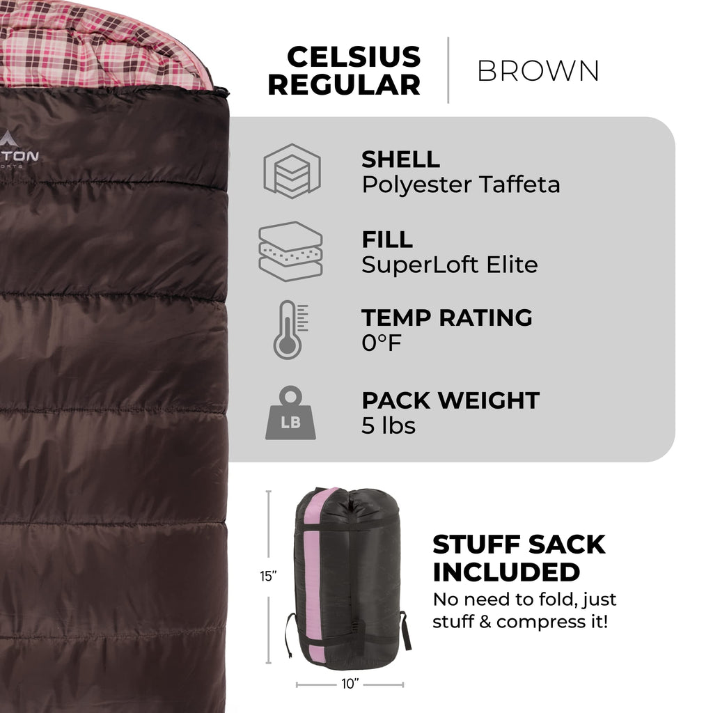 Teton Sports Celsius Regular Sleeping Bag; Great For Family Camping, Brown Poly Liner, Right Zip , 80 X 33-Inch