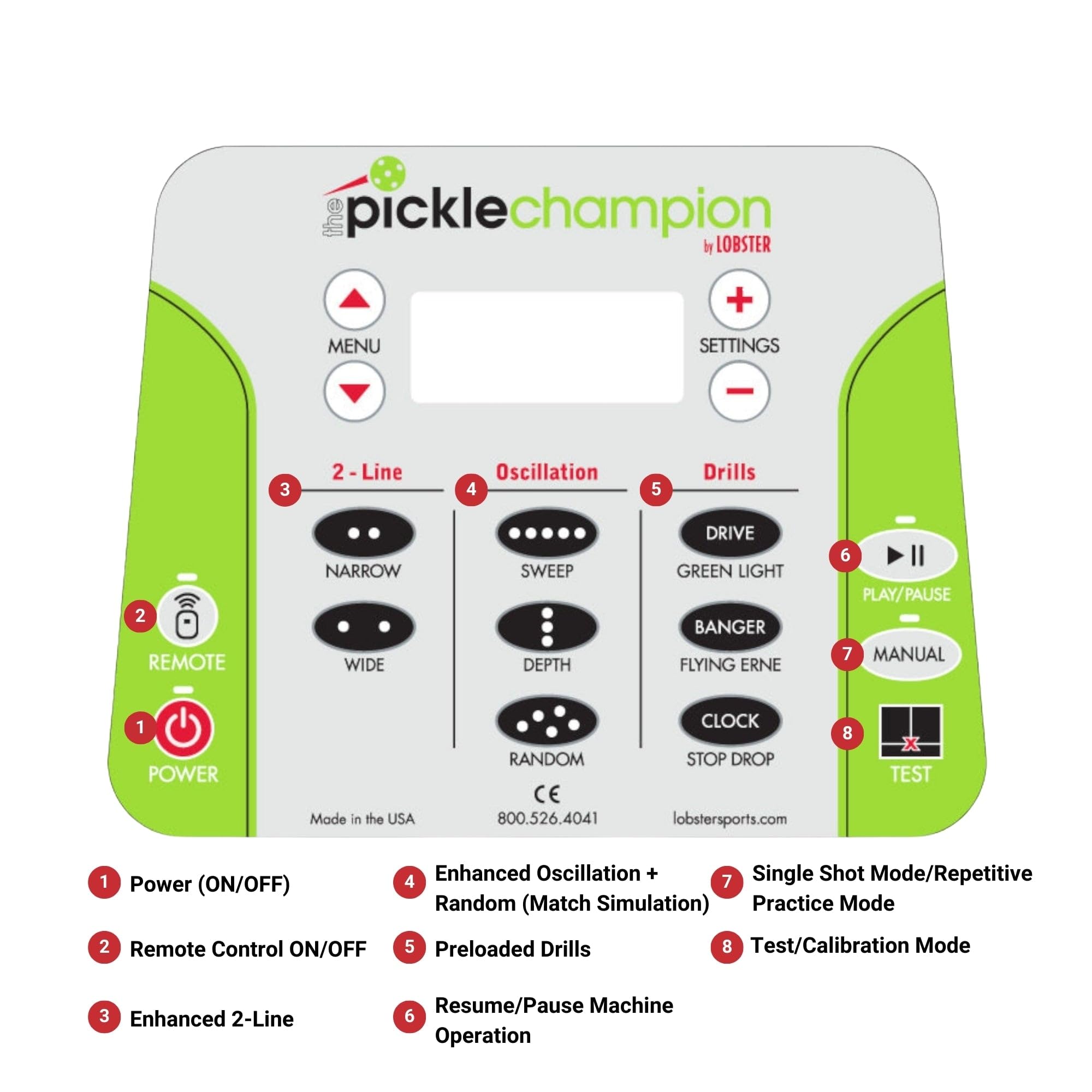 Lobster Sports Pickle Champion Pickleball Machine - Spin Control, Random Match-Play, 2-Line Drill, 6 Pre-Loaded Drill Patterns,