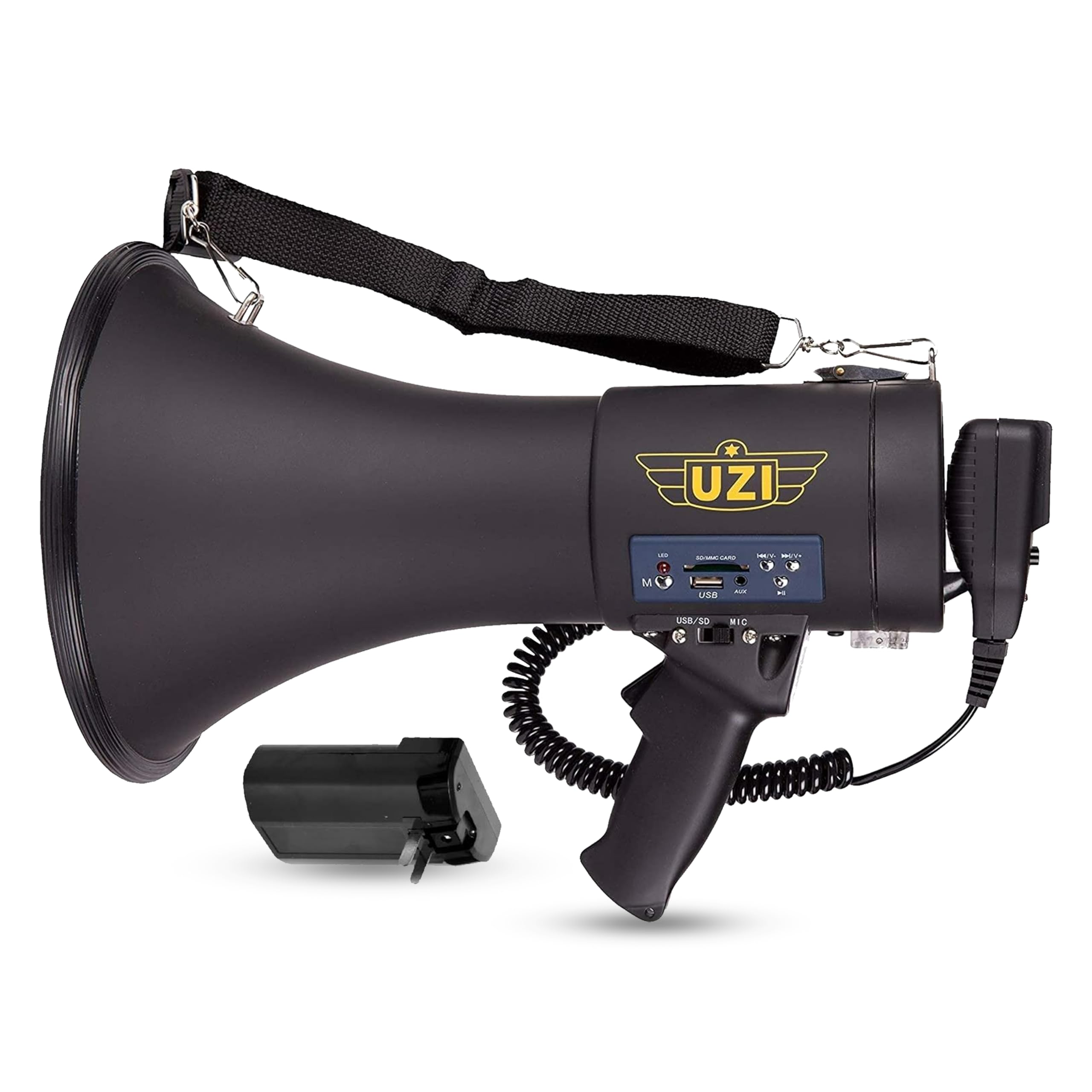 Uzi High Power Loud Big Bluetooth Megaphone 50W, Real Siren, Bullhorn, Rechargeable Battery, Portable Speaker, Pa System, Adjust