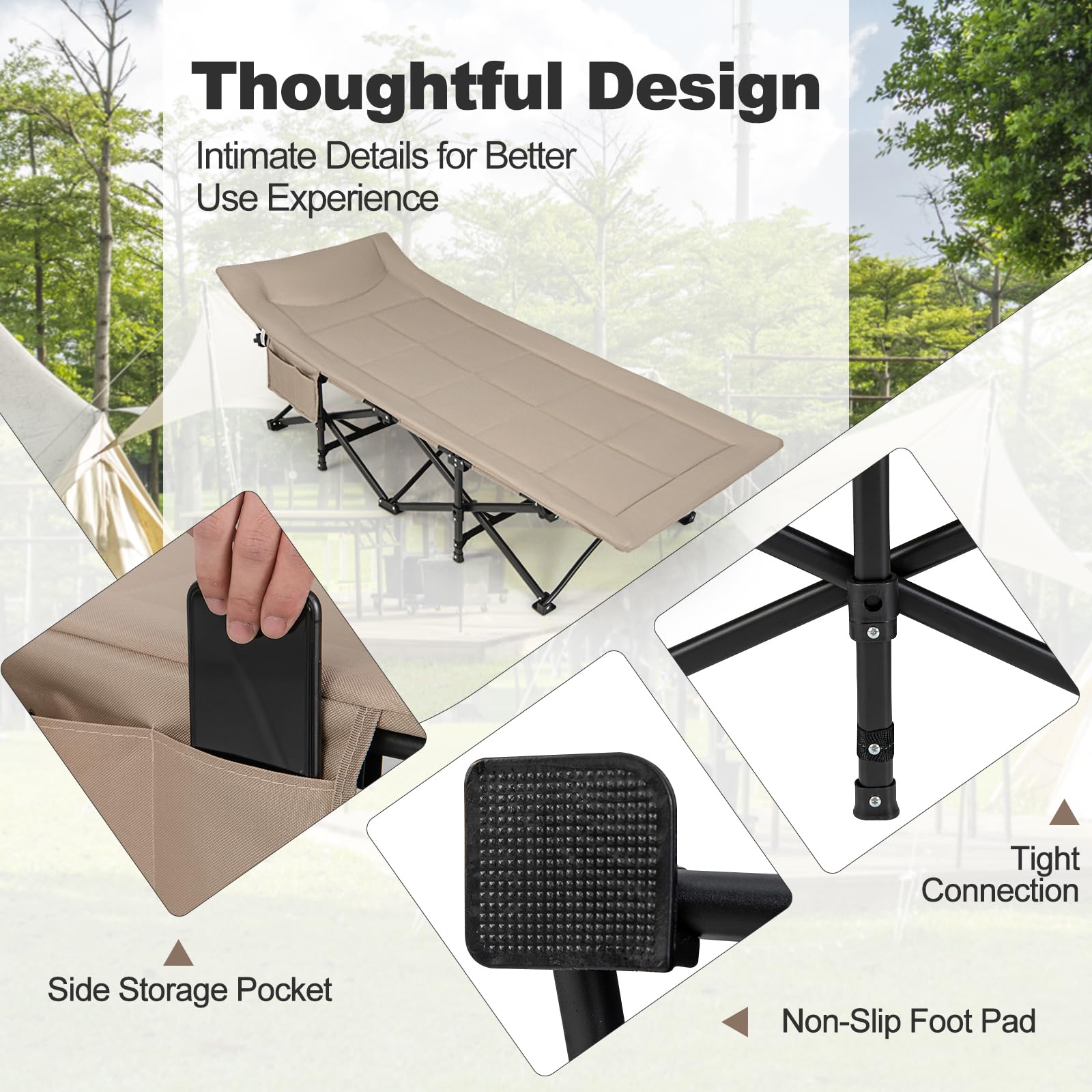 Komfott Camping Cot For Adults, Portable Folding Bed For Sleeping With Pad & Pillow Lightweight Tent Cot With Carry Bag, Ideal F