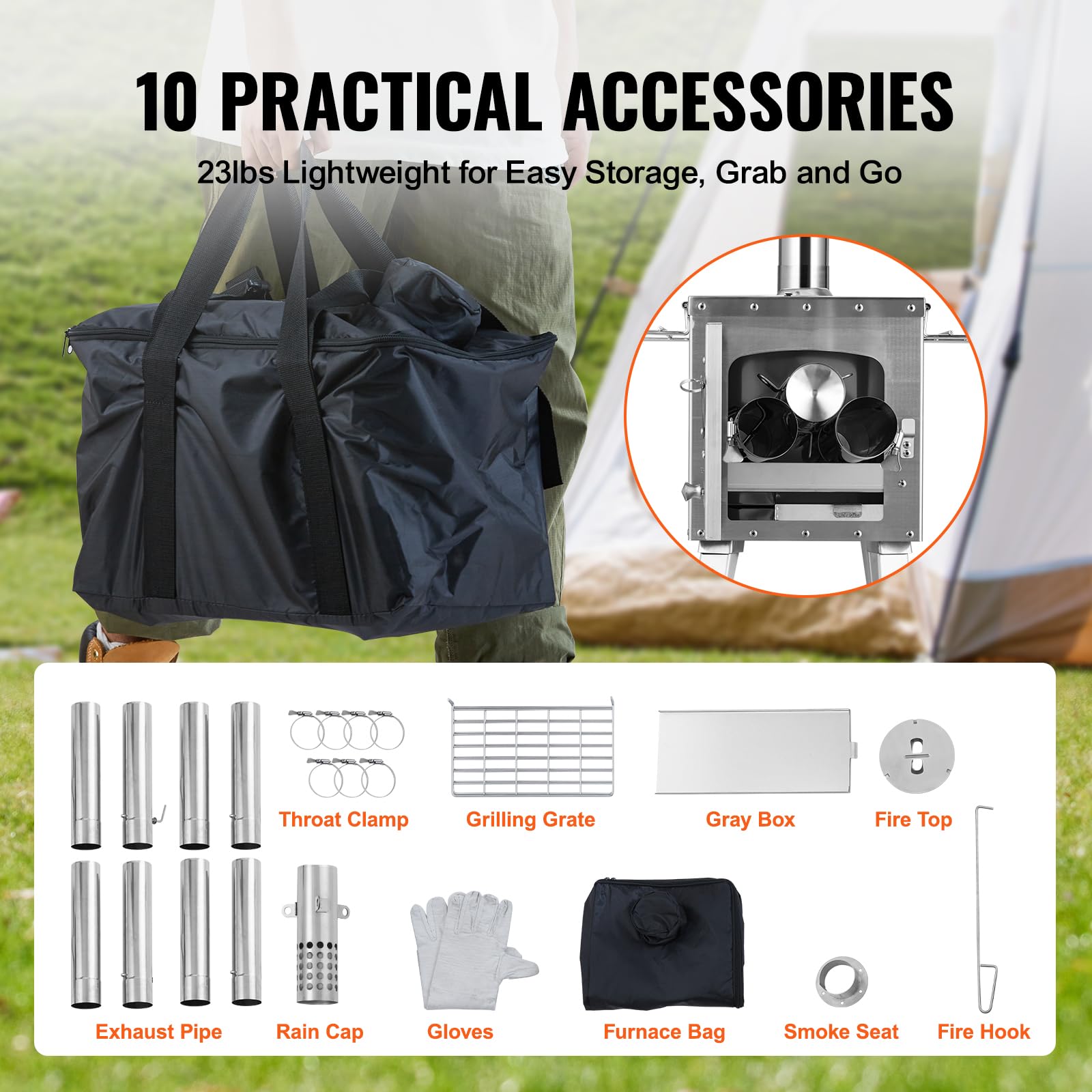 Vevor Camping Wood Stove Stainless Steel Camping Tent Stove, Portable Wood Burning Stove With Chimney Pipes & Gloves, 1646Infire