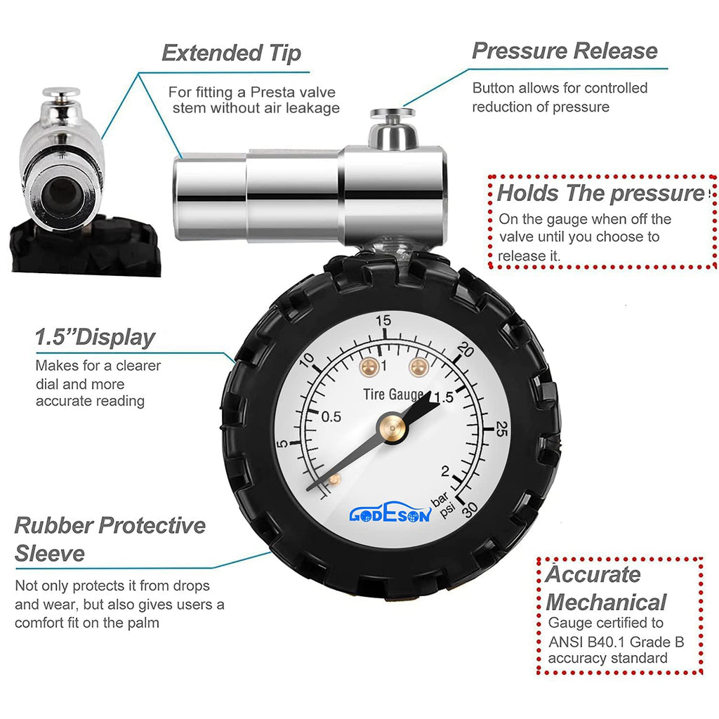 Godeson Presta Valve Gauge,Presta Valve Tire Pressure Gauge With Bicycle Air Pressure Relief Range To 0-30Psi /0-2Bar, Perfect F