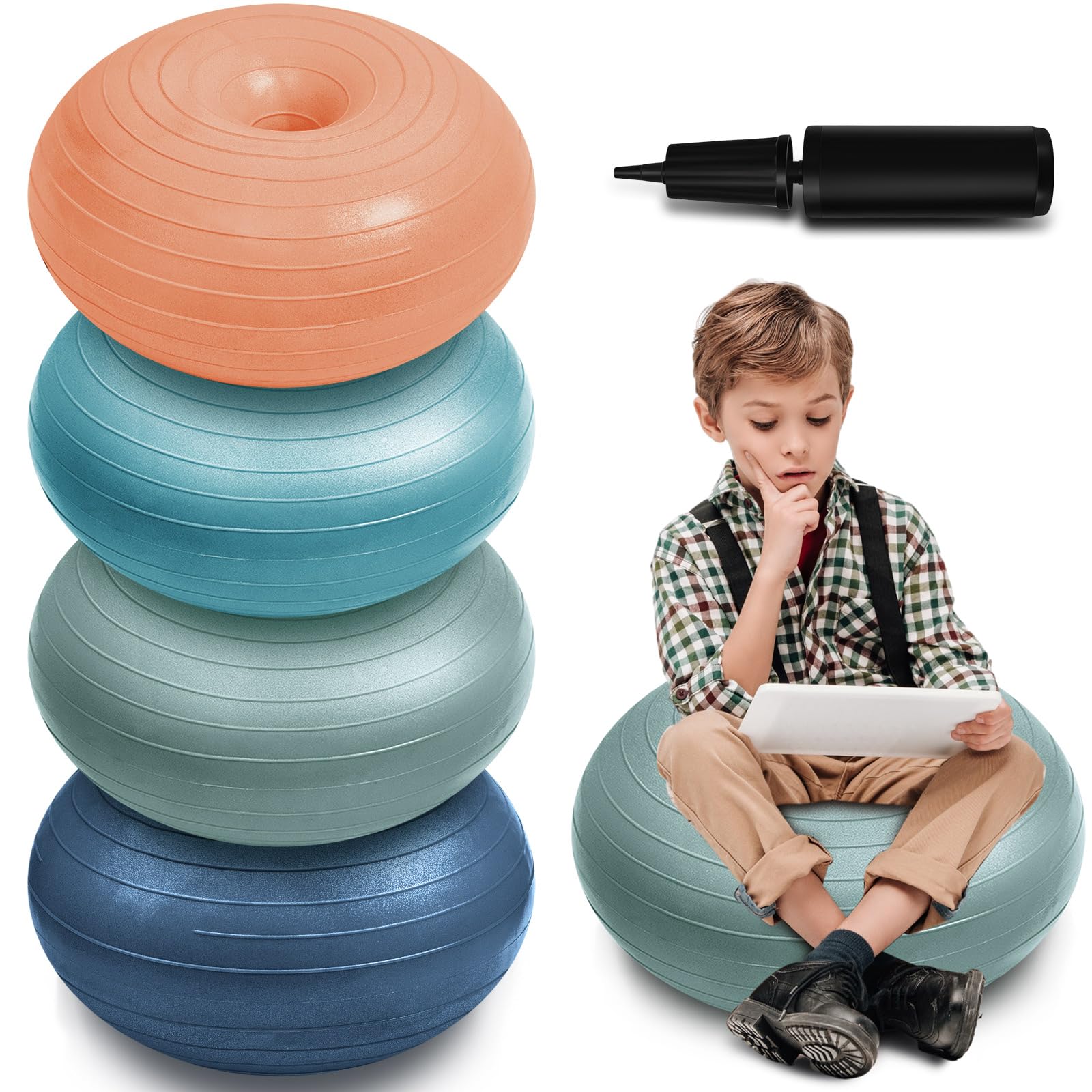 Lewtemi 4 Pcs Flexible Seating for Classroom Elementary 20 Inch Yoga Ball Chair Inflatable Donut Ball Chair with Inflator for Ki