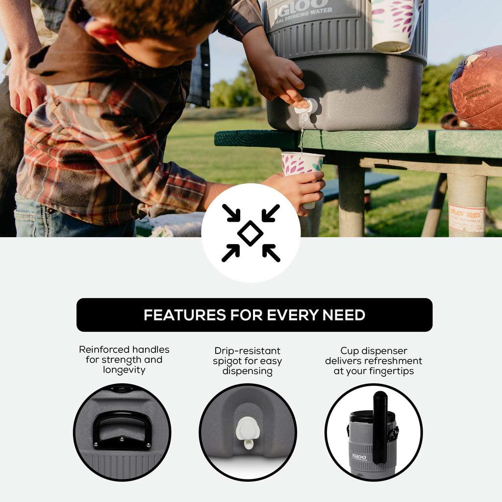 Igloo 5 Gallon Portable Sports Cooler Water Beverage Dispenser With Flat Seat Lid, Insulated Beverage Dispenser, Grey/Black