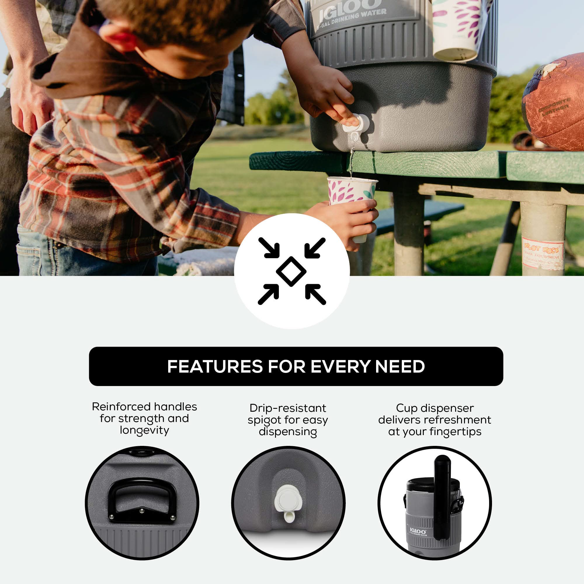 Igloo 5 Gallon Portable Sports Cooler Water Beverage Dispenser With Flat Seat Lid, Insulated Beverage Dispenser, Grey/Black