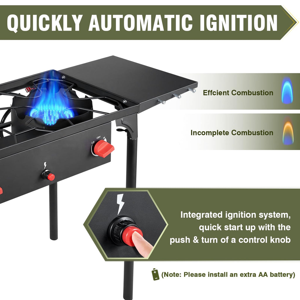 Bestfire 2 Burner Camping Stove With Auto Ignition Button,Side Shelves & Regulator150,000 Btu Gas Stove Propane Burner With Remo