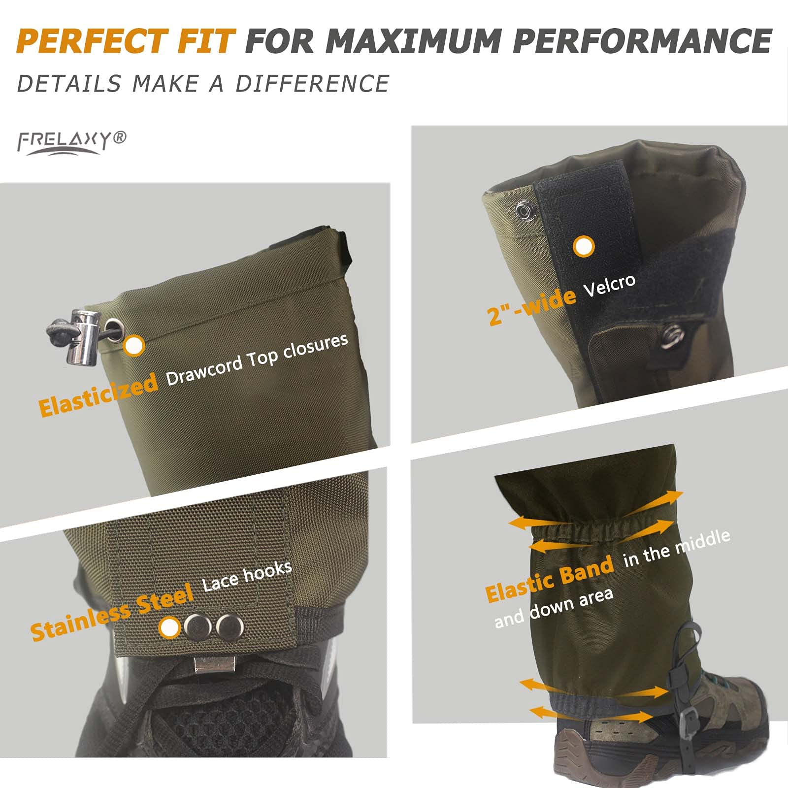 Frelaxy Leg Gaiters 100% Waterproof Hiking Gaiters, Hunting Gaiters With Upgraded Rubber Foot Strap, Adjustable Snow Boot Gaiter