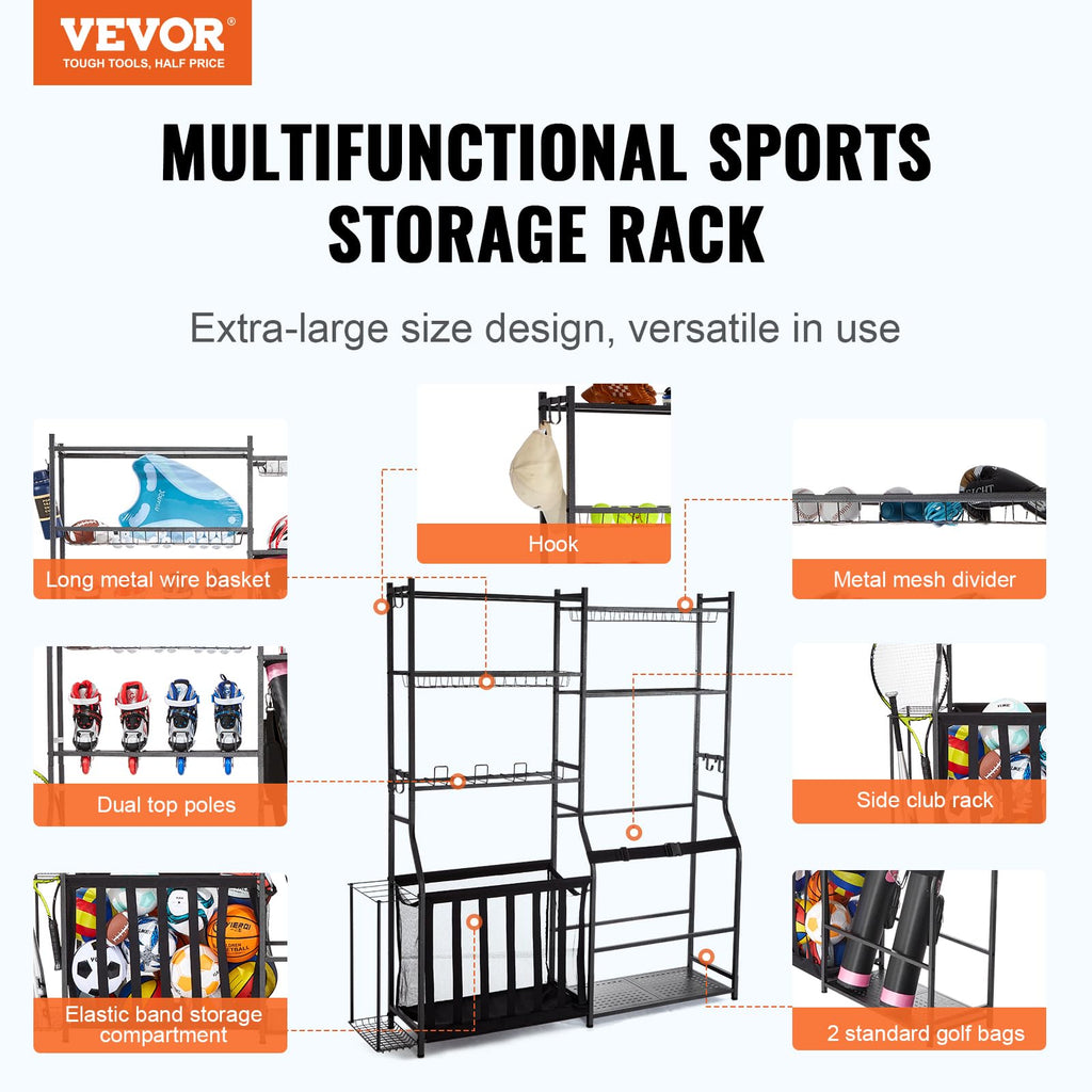 Vevor Golf Storage Garage Organizer, 2 Golf Bag Storage Stand Holder And Other Sports Equipment Storage Rack, Outdoor Steel Ball