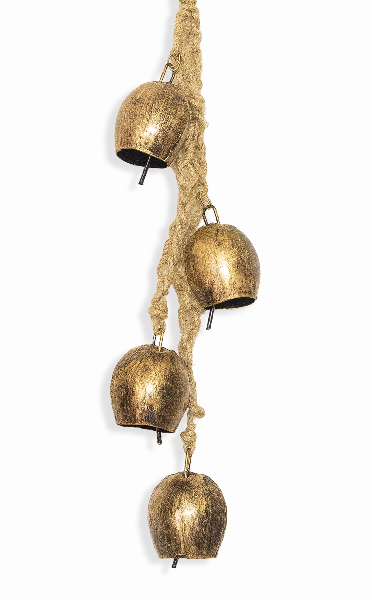 Aroha Iron Handcrafted 4 Bells Cluster On Jute Rope Swiss Vintage Lucky Cow Bells On Rope Wall Hanging DCor (Golden Antique)