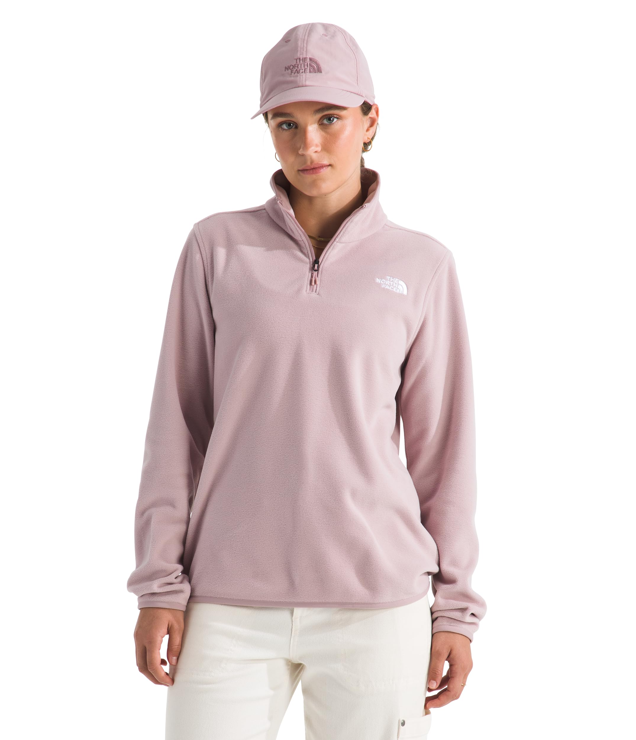 The North Face Womens Glacier Fleece Quarter Zip Jacket - 1/4 Zip Pullover Jacket, Zip Pockets, Stretch Fabric, Metal Pink, Sma