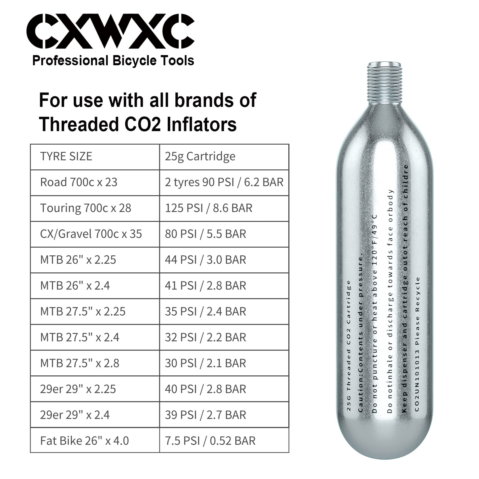 Threaded Co2 Cartridges For Bike Tires - 16G/25G Co2 Cartridges For Co2 Inflator With Threaded Connection, Co2 Pump For Road And