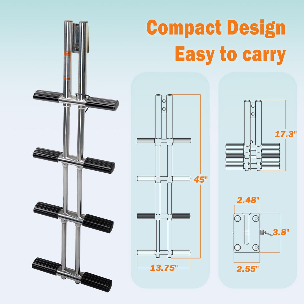 Xinkunmarine 4 Step Boat Ladder, Stainless Steel Dive Boarding Ladders For Bass Fishing Boats, Heavy-Duty With Non-Slip Treads