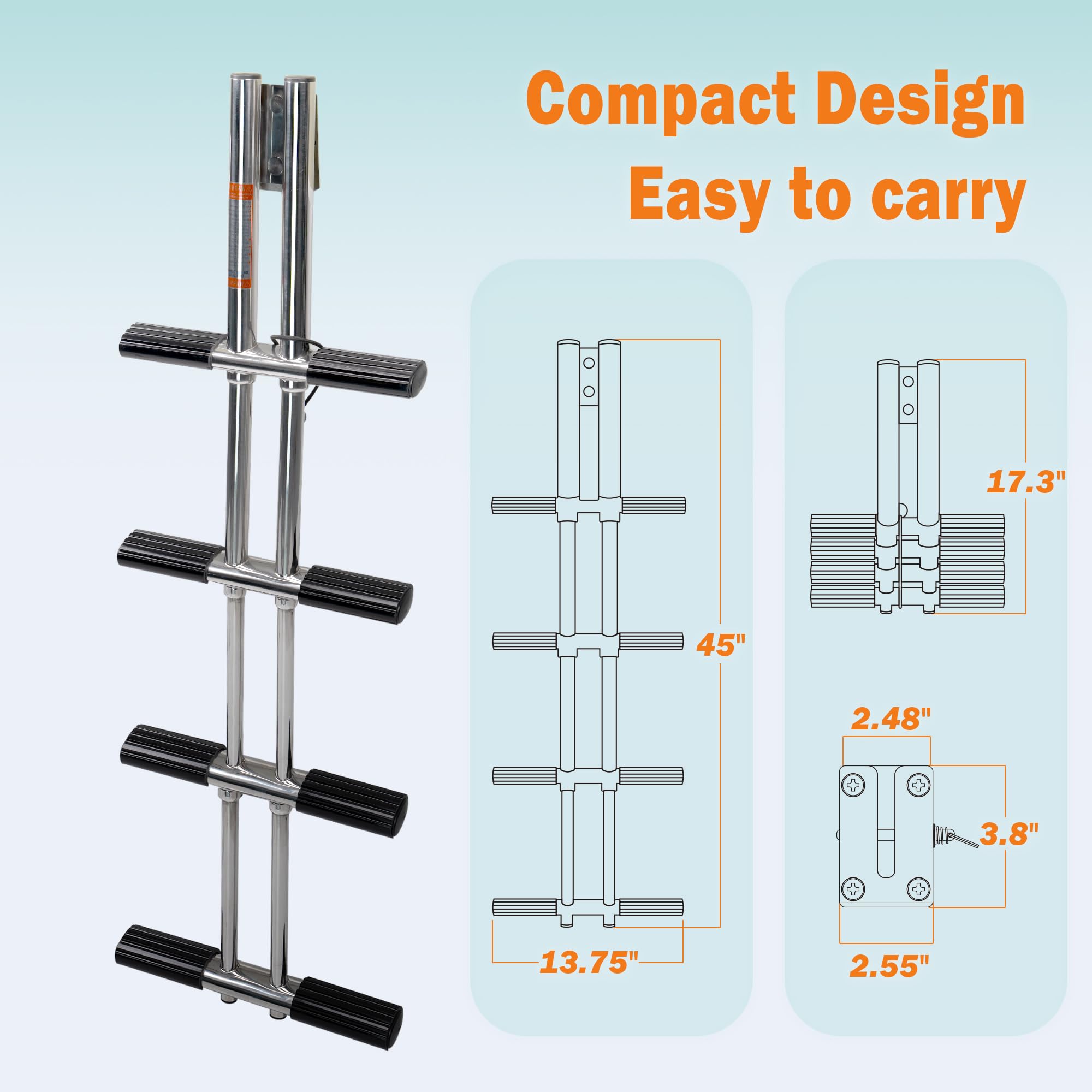 Xinkunmarine 4 Step Boat Ladder, Stainless Steel Dive Boarding Ladders For Bass Fishing Boats, Heavy-Duty With Non-Slip Treads