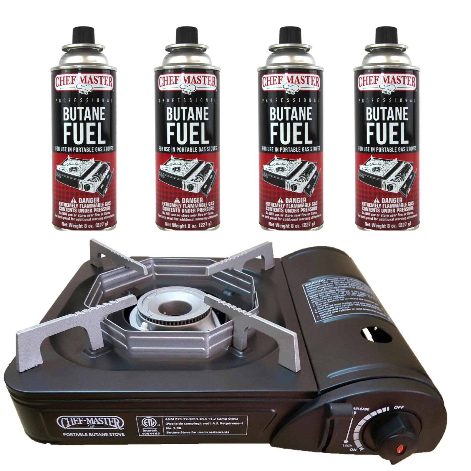 Portable Butane Camping Stove COMBO, Piezo Ignition Wind-Guard 7,650 BTU Portable Stove Burner w/ 4 x 8oz. Butane Fuel Canister 