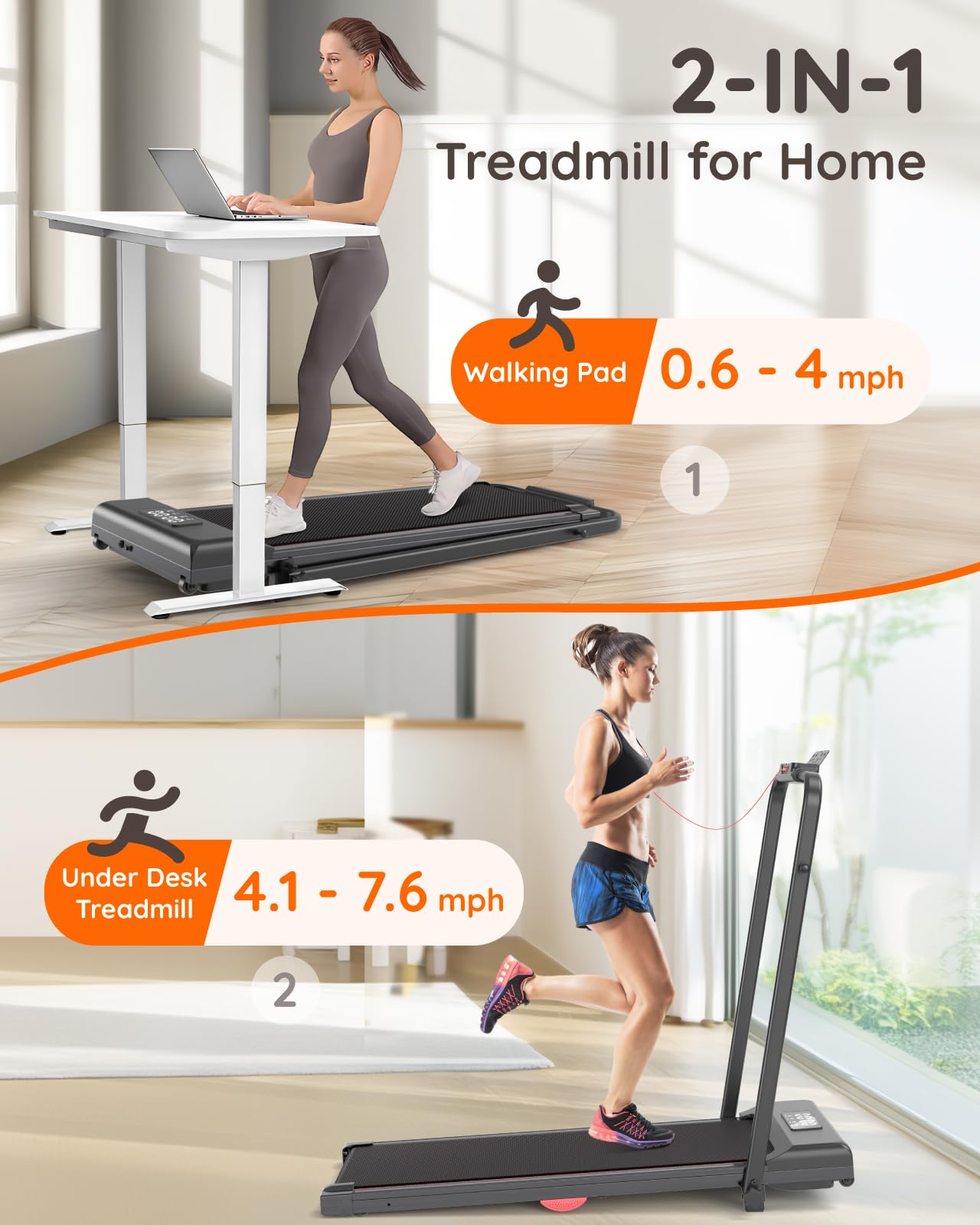 Walking Pad Treadmill With Incline 3%/9%, 2.5 Hp Under Desk Treadmills For Home Small Office With Handle Bar, 265Lbs Foldable Po