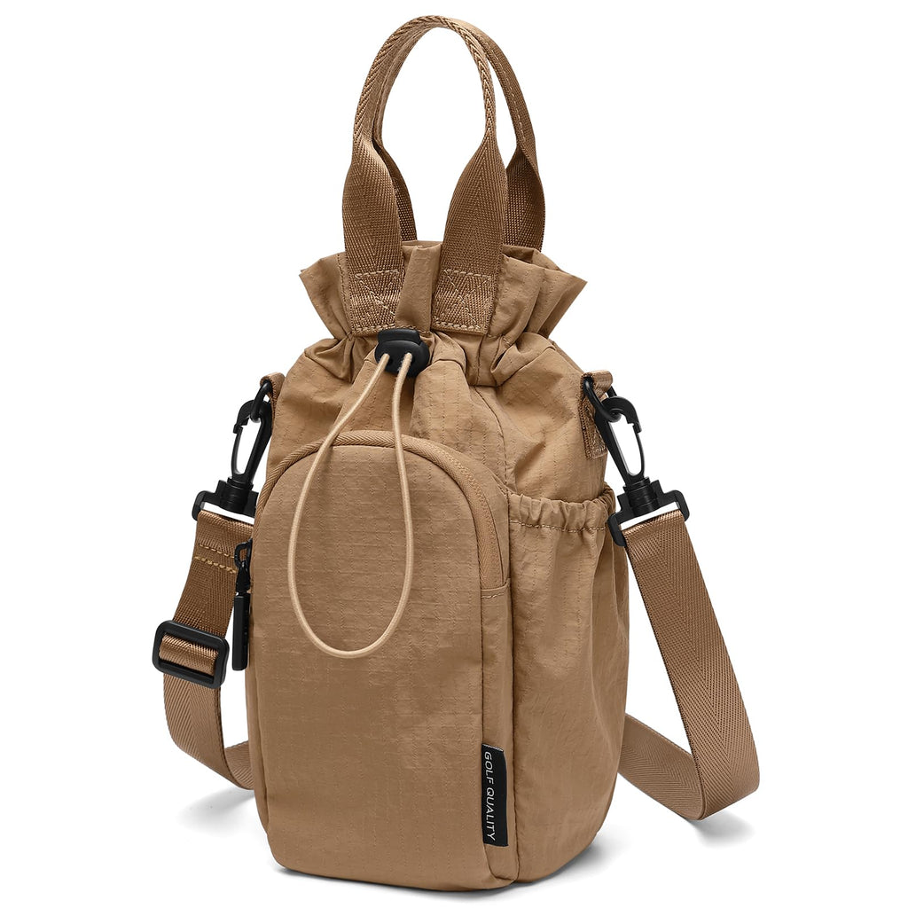 GOLF QUALITY Large Water Bottle Bag for 32/40/42//64oz Water Bottle,Casual Drawstring Crossbody Water Cup Bag,Brown