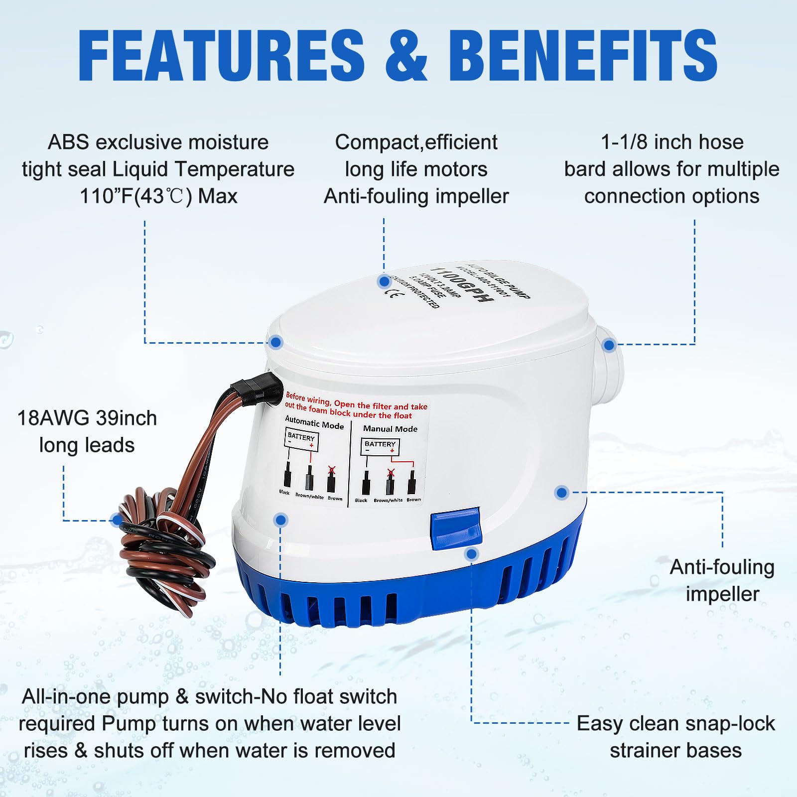 Eco-Worthy Automatic 12V Bilge Pumps For Boats 1100Gph Auto With Float Switch For Rv Caravan